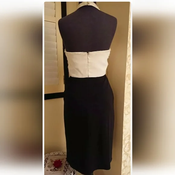 Old Money Black & White BCBG MaxAzria Halter Cocktail Dress w Pockets XS 2 Ivory - Picture 2 of 7